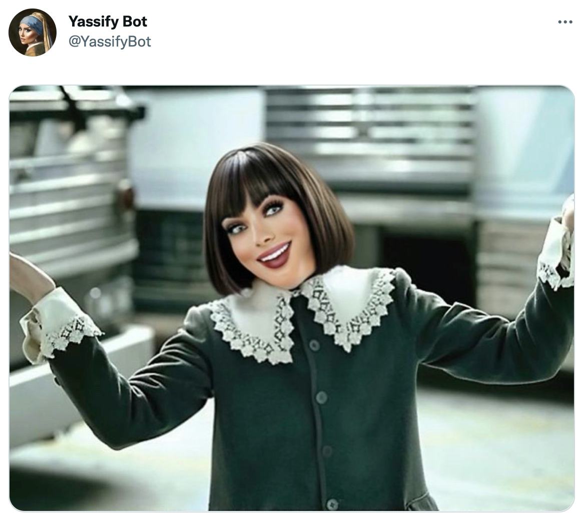 A tweet from @YassifyBot sharing a yassified version of the Starburst Berries & Cream character, com...