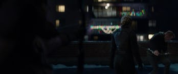 Kate points her arrow at Yelena’s back in Hawkeye Episode 4