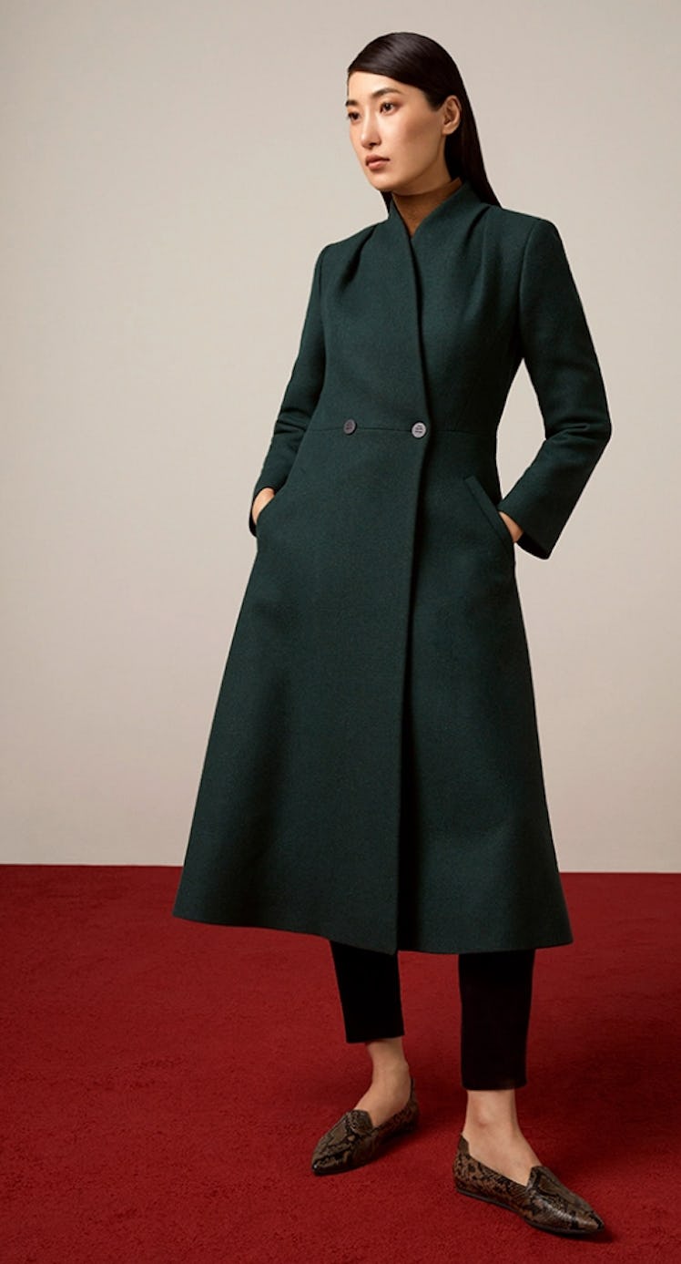 The Fold's Finchley Coat in forest green premium wool. 
