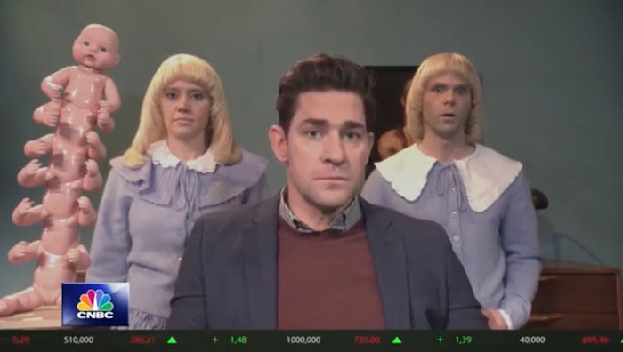 John Krasinski plays a loving father of terrifying twins played by Kate McKinnon and Mikey Day.