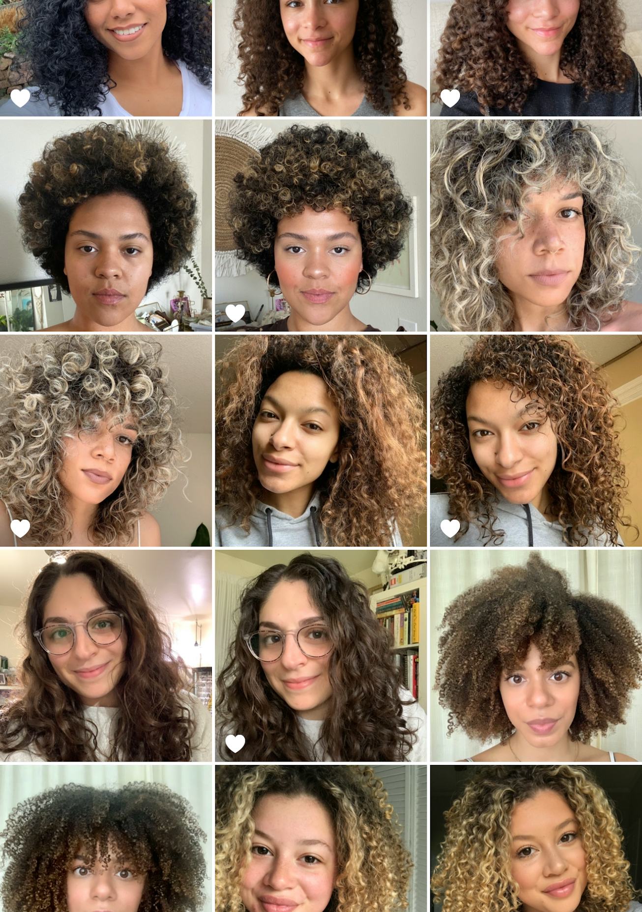 Before and after photos of Ouai's curl cream testers, all with different curl patterns.