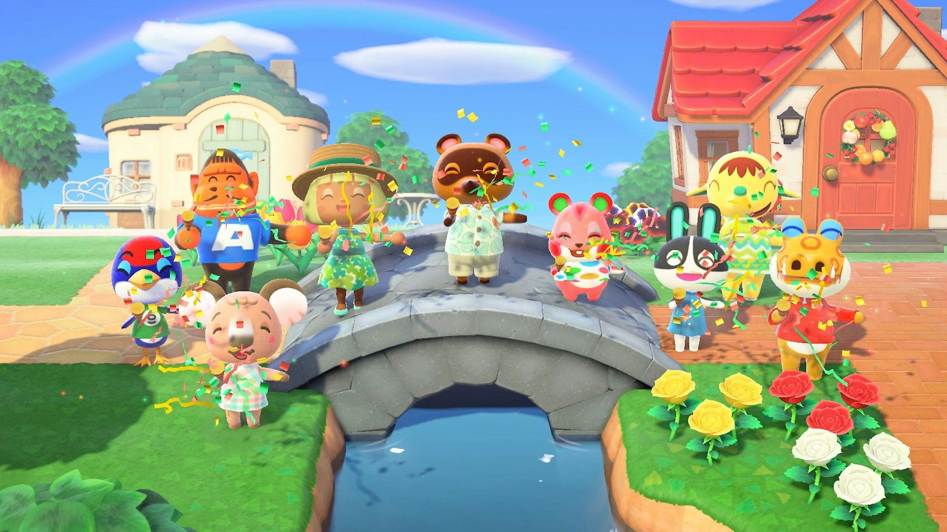 Various characters from animal crossing new horizons standing on a bridge on a sunny day