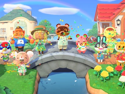 Various characters from animal crossing new horizons standing on a bridge on a sunny day