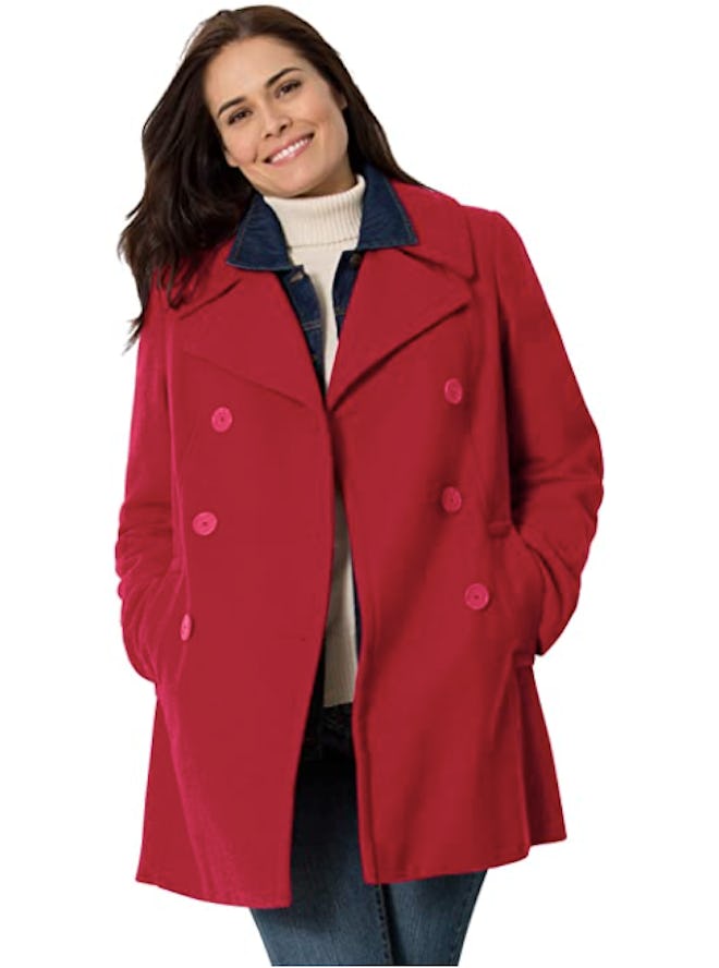 Woman Within Wool-Blend Double-Breasted Peacoat