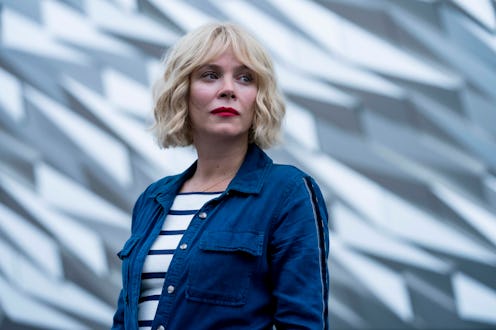 ANNA FRIEL as Marcella Backland in ITV's Marcella. She wears a wavy blonde wig cut into a bob with a...