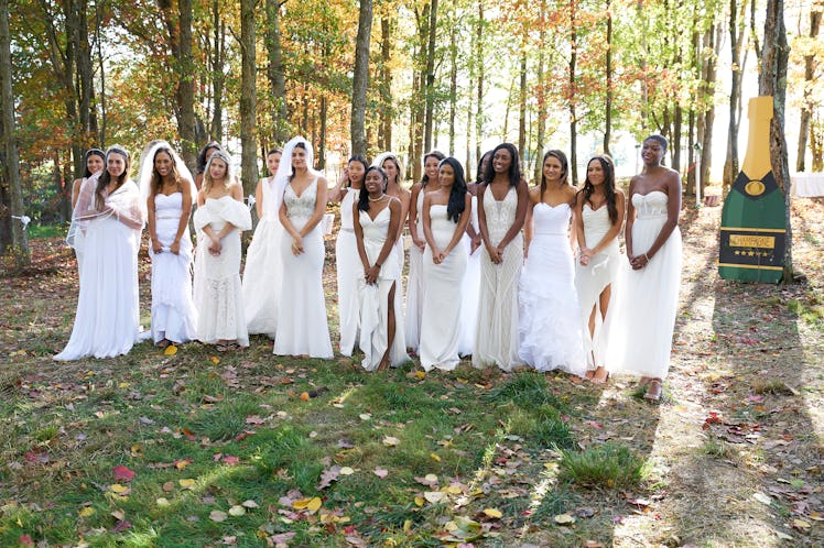18 contestants wear wedding dresses on "the largest group date in 'Bachelor' history" with Matt Jame...