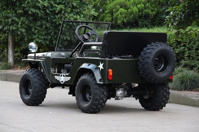 A mini electric Jeep stylized like a WWII Willys Jeep is available for sale on Alibaba with a starti...