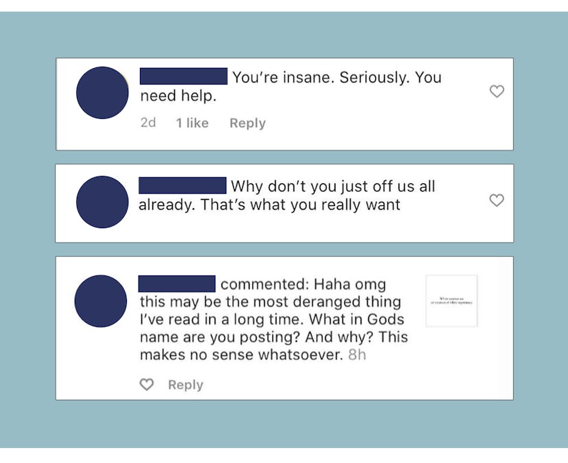 Screenshots of comments that read: “You’re insane. Seriously. You need help.” “Why don’t you just of...