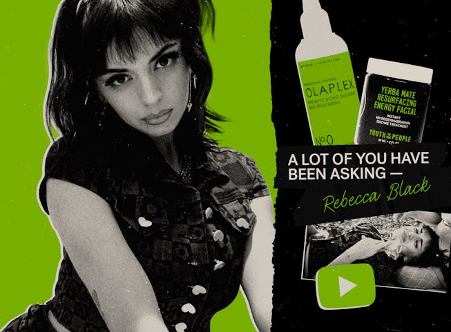 Rebecca Black next to a bottle of Olaplex and a container of Yerba Mate Resurfacing Energy Facial by...