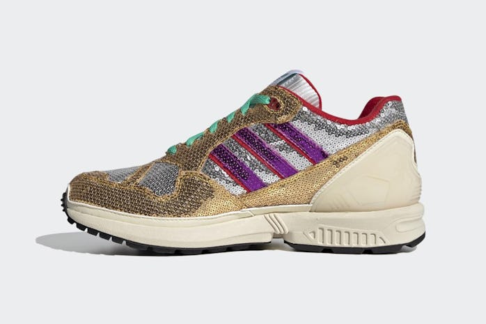 Gold sequin sneaker with purple stripes