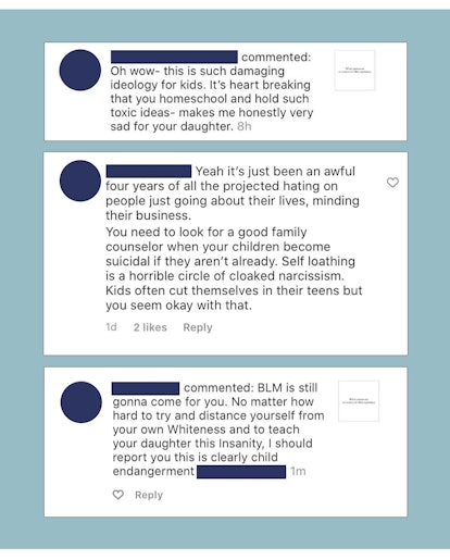 Screenshots of comments that read: “Oh wow this is such damaging ideology for kids. It’s heartbreaki...