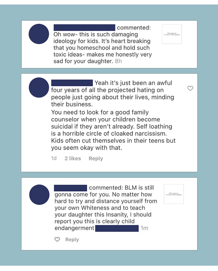 Screenshots of comments that read: “Oh wow this is such damaging ideology for kids. It’s heartbreaki...