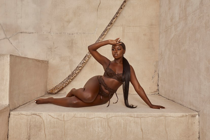 Model wears Love, Vera's Nudes collection in Cocoa