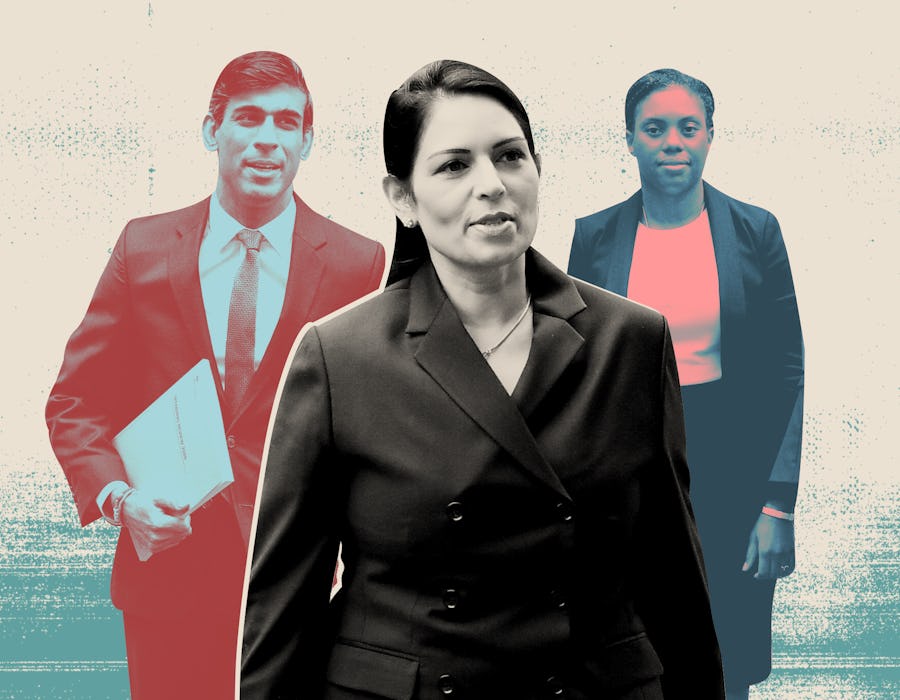 British Politicians Rishi Sunak, Priti Patel & Kemi Badenoch dressed in suits in a composite image