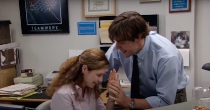 Jim and Pam from 'The Office' laugh while hanging out at the reception desk, for which they'll have ...