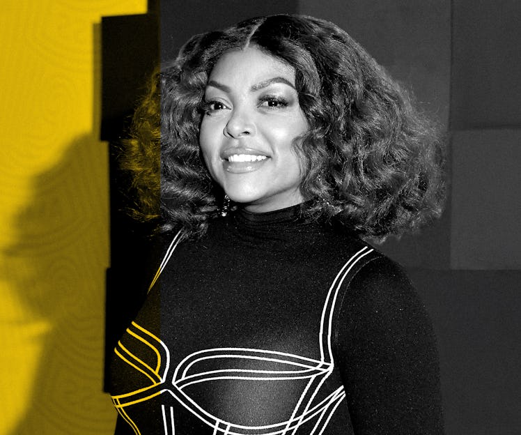 Taraji P. Henson in a black dress with a wavy bob haircut with a black-white color filter effect