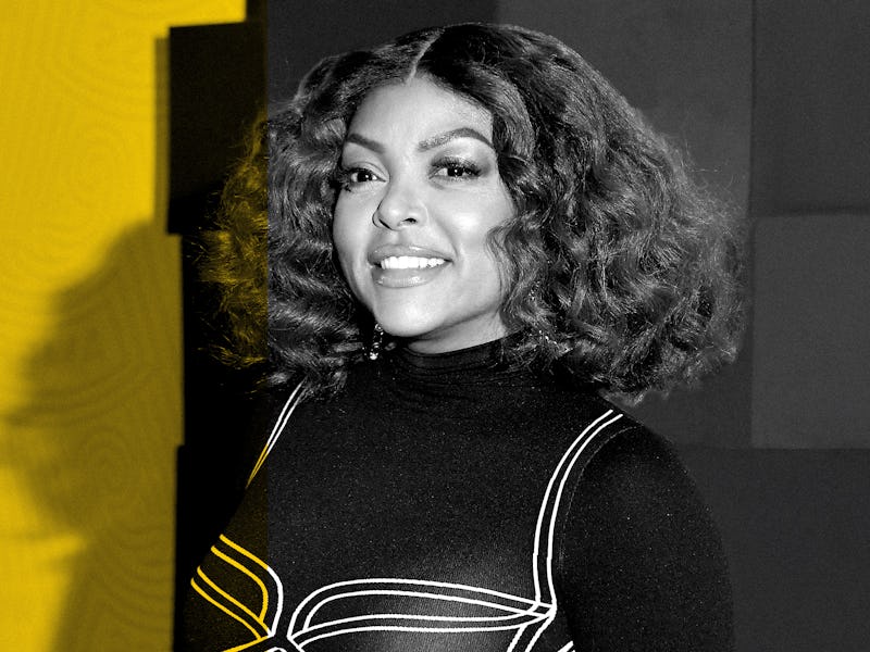 Taraji P. Henson in a black dress with a wavy bob haircut with a black-white color filter effect