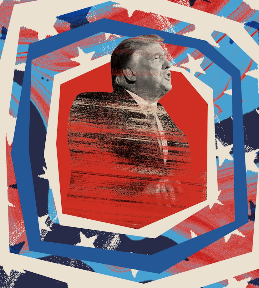 A collage photo of Donald Trump