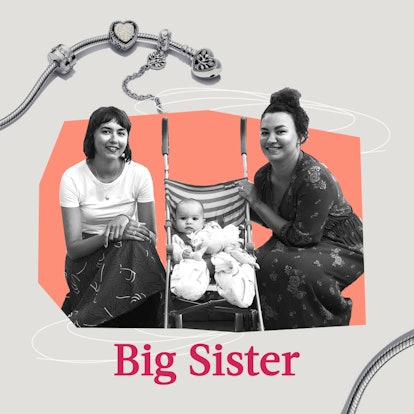 A collage with Pandora bracelet, Aimée, her big sister and her baby in strollers celebrating Mother'...