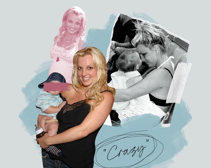 A collage of Britney Spears with her babies and the word "crazy" in quotes