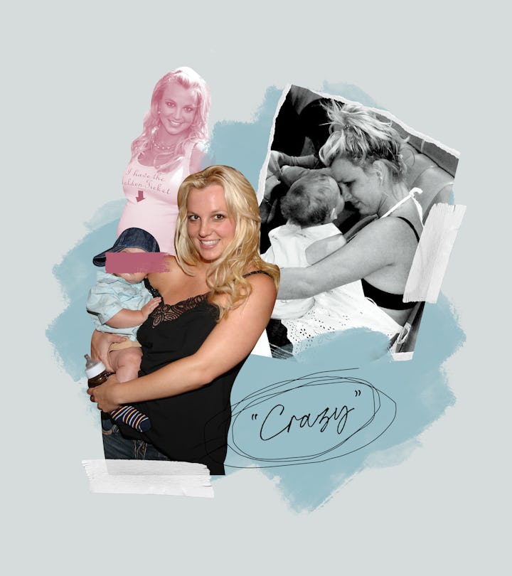 A collage of Britney Spears with her babies and the word "crazy" in quotes