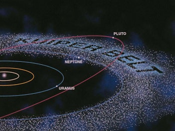 Ilustración de Kuiper Bel con la órbita de Plutón