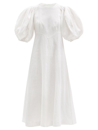 Puffed-Sleeve Linen Midi Dress
