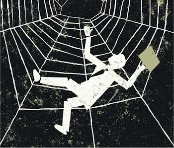 businessman falling spider web