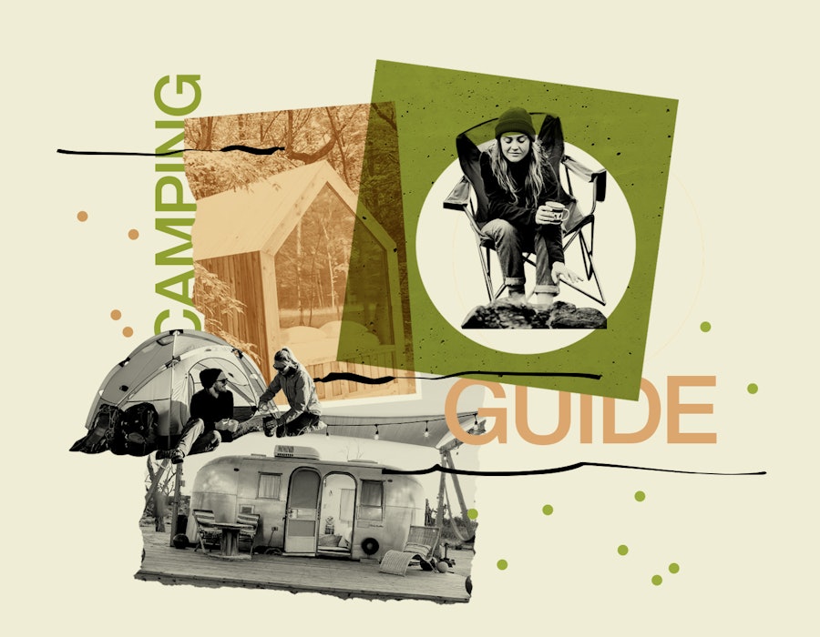 Collage of pictures of people that are winter camping next to a "camping guide" text
