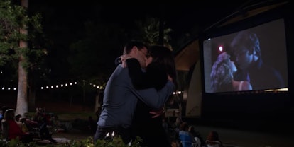 Jess and Nick kiss at an outdoor screening of 'Dirty Dancing' on 'New Girl.'