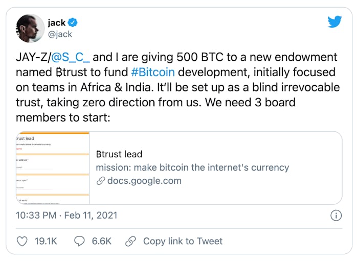 Screenshot of Jack Dorsey putting out a call for board members for the Bitcoin fund he created with ...