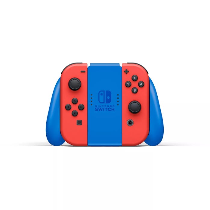 The latest and limited edition of Mario-themed Switch from Nintendo is placed on a white surface in ...