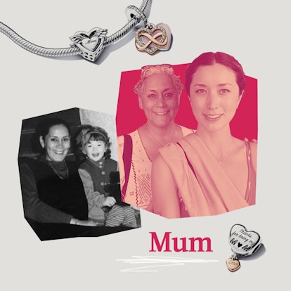 A collage with a Pandora bracelet, Sam and her mom with who she is celebrating Mother's Day