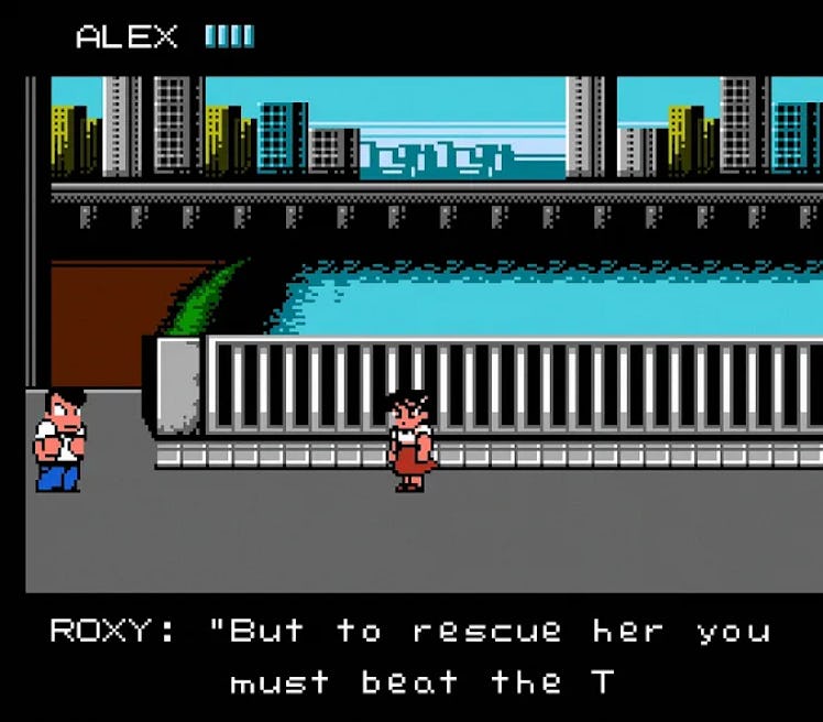 The player and a female character named Roxy standing on a bridge with a city backdrop, with Roxy sa...