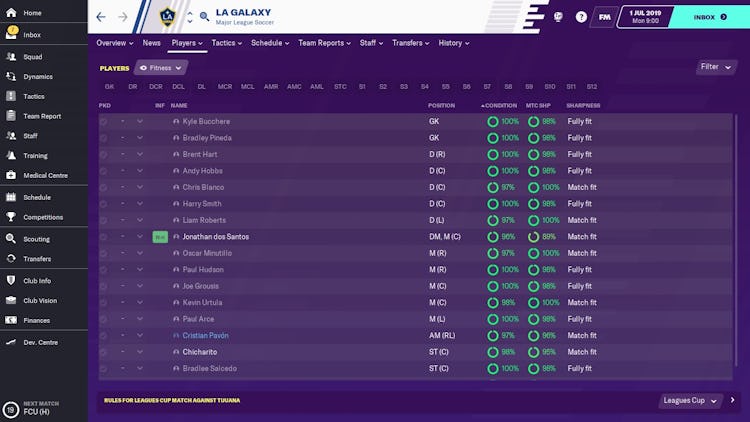 A screenshot of the LA Galaxy stats from 'Football Manager'