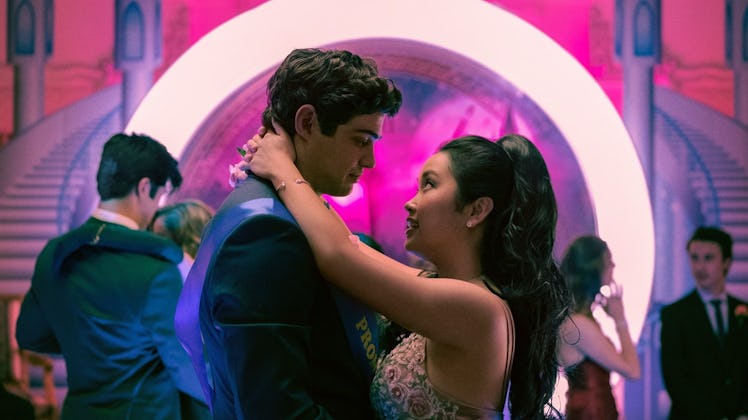 Lara Jean and Peter K look into each other's eyes while at a school dance.