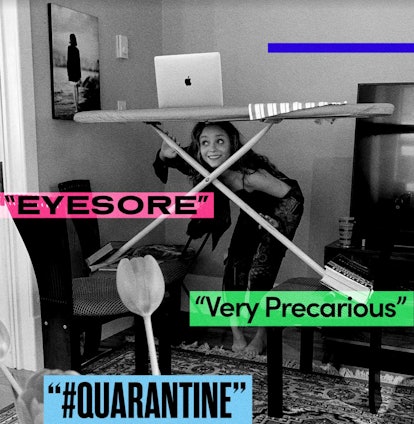 Madeleine Arthur balancing her laptop on an ironing board during quarantine on Instagram.