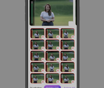 A woman in a white shirt is seen in similar photos in front of a grassy background. The app for Cano...