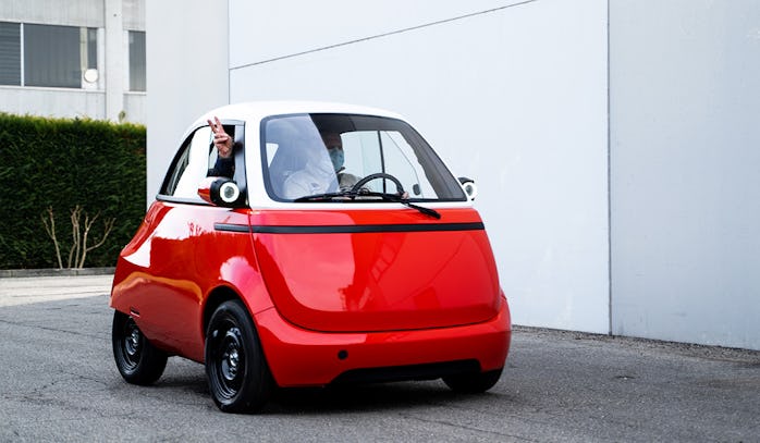 The Microlino 2.0 electric microcar, modeled after the BMW Isetta.
