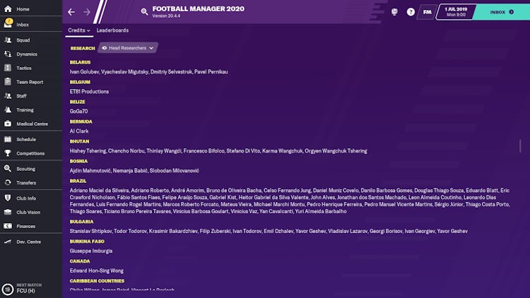 A screenshot of the credits from 'Football Manager'