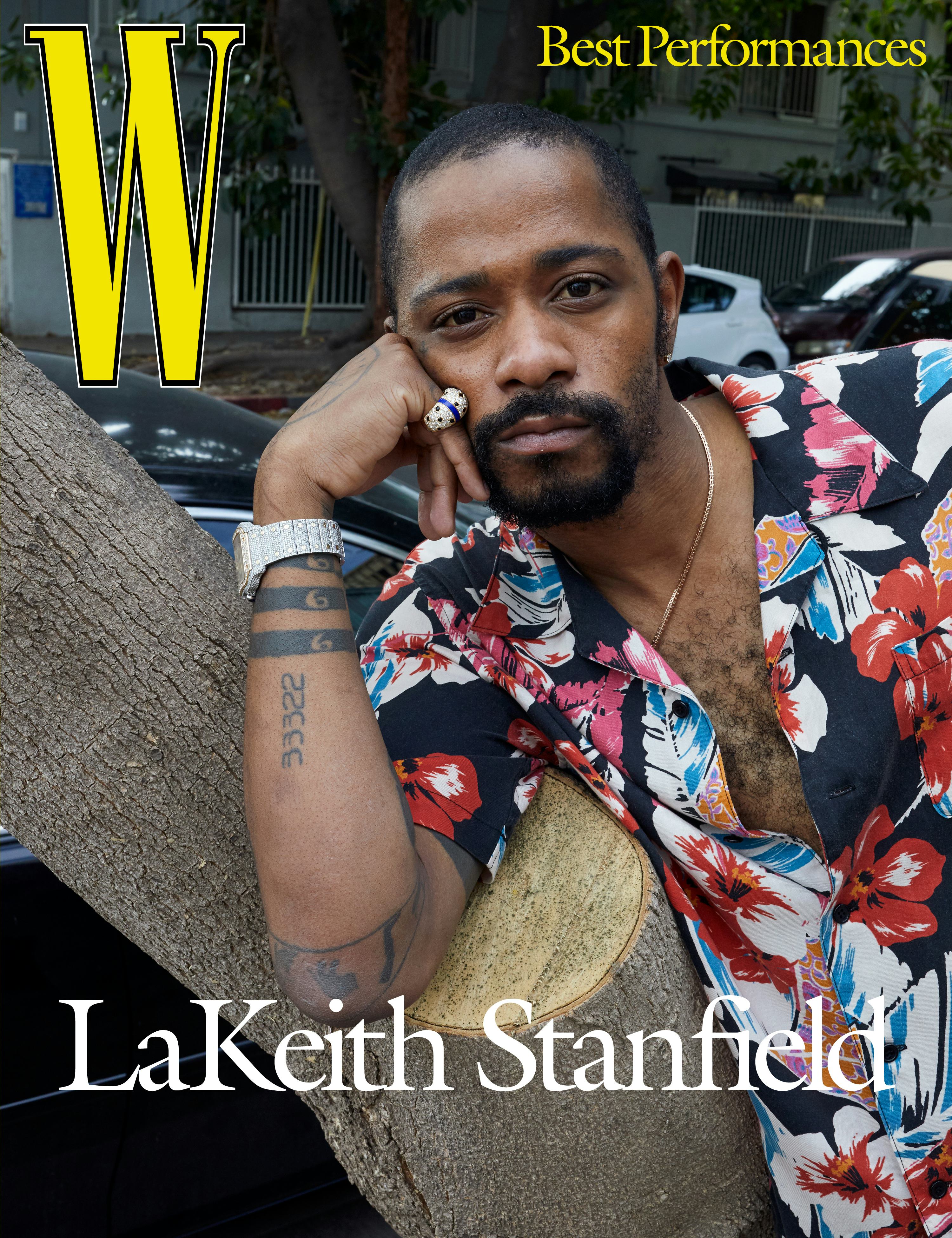 Stanfield wears a Saint Laurent by Anthony Vaccarello shirt; Cartier ring and his own Cartier watch;...
