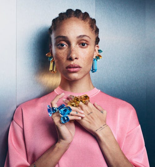 Model Adwoa Aboah in Swarovski jewelry designed by Giovanna Battaglia Engelbert.