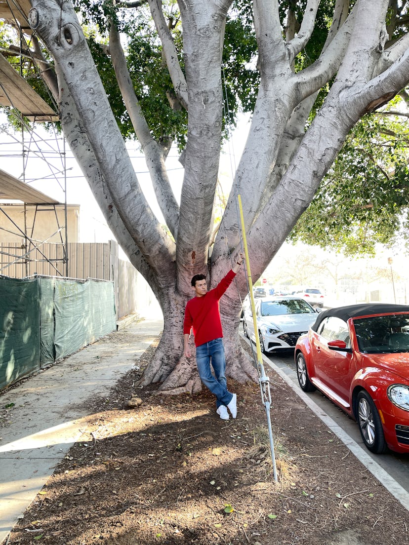 Tom Holland in a red shirt, blue denim jeans, and white sneakers posing next to a tree next to a ped...