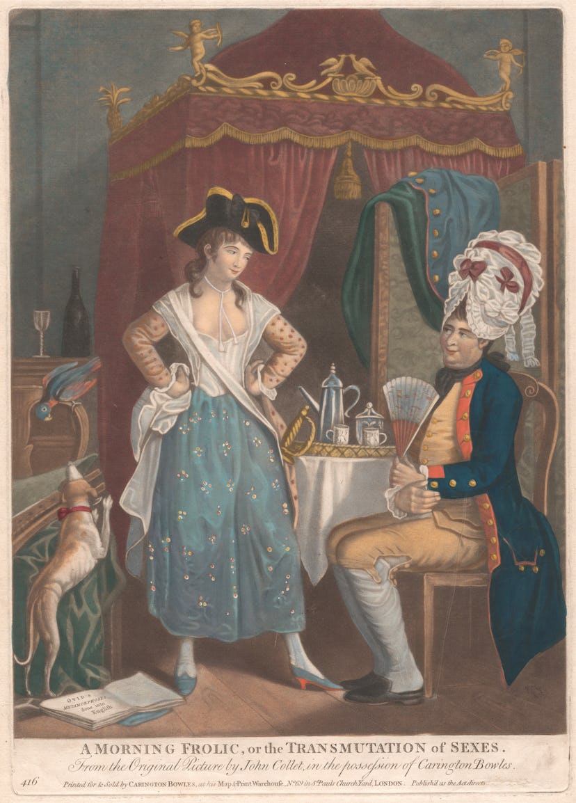 An 18th century image of a man in drag.