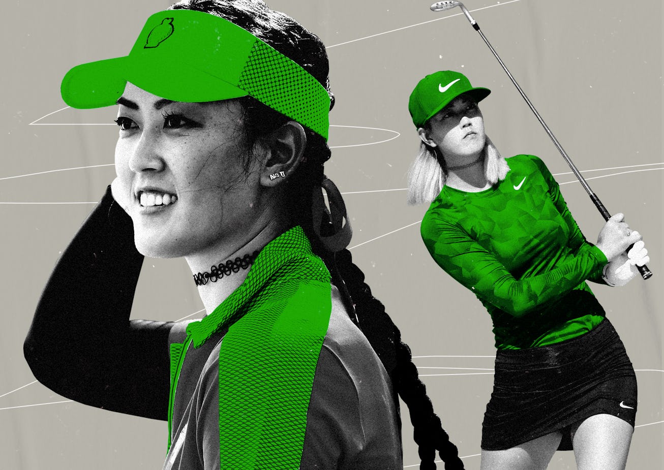 Two woman in a green monochrome photo wearing Golfcore inspired by princess diana