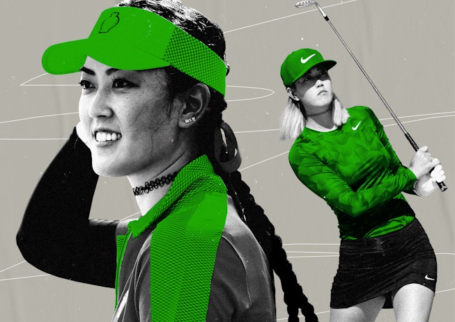 Two woman in a green monochrome photo wearing Golfcore inspired by princess diana