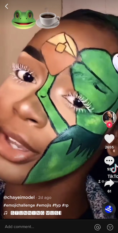 A TikToker poses with a Kermit the Frog-inspired makeup look during a makeup challenge video.