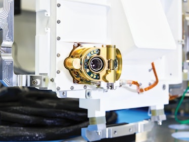 A closeup of the Perseverance rover's WATSON camera lens.