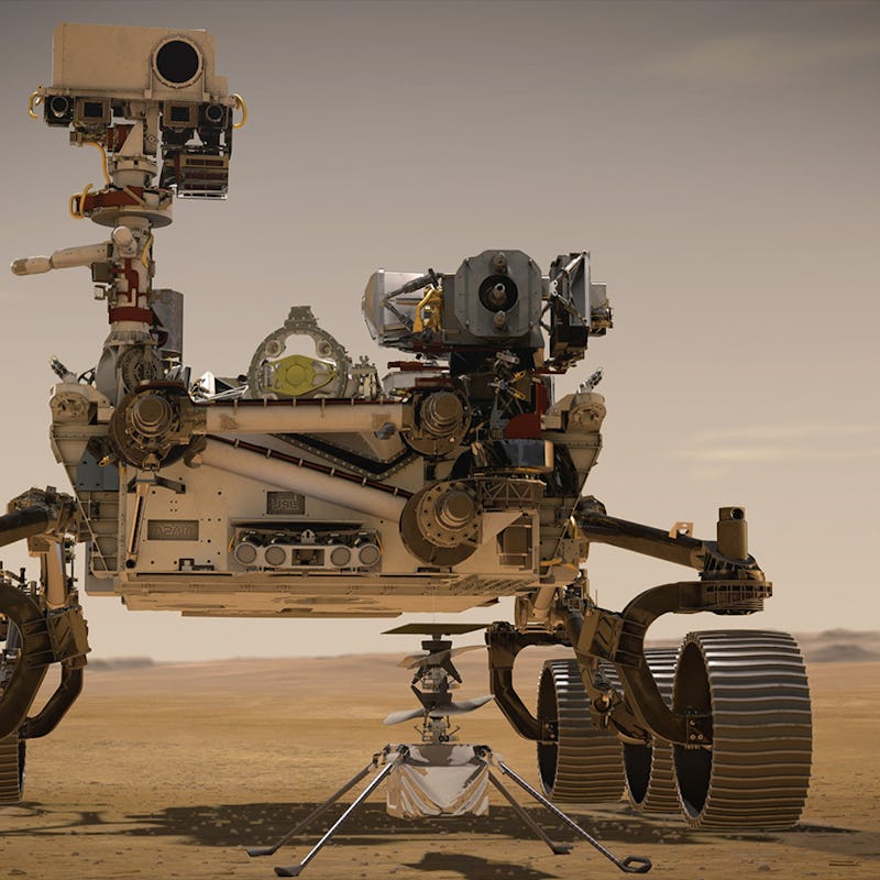 An illustration of the Perseverance rover on the surface of Mars.