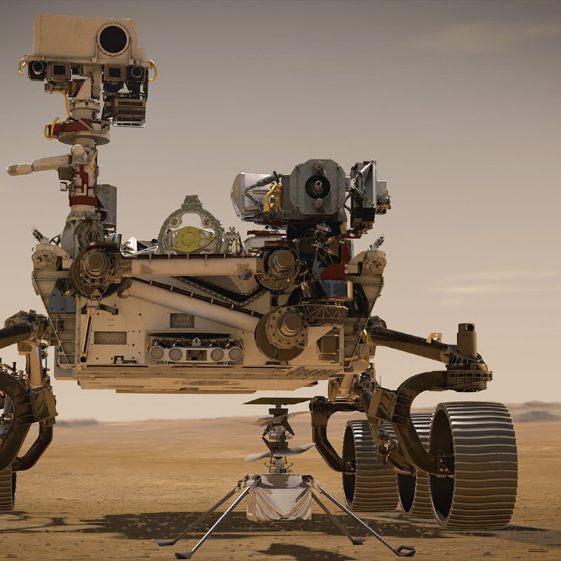 An illustration of the Perseverance rover on the surface of Mars. 
